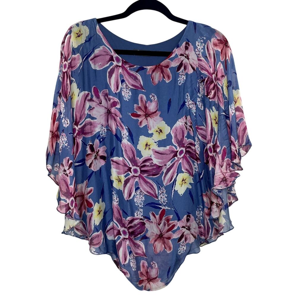 Silk Blend Blouse Made in Italy Size Small Blue Floral Tunic Flowy Artsy Sheer